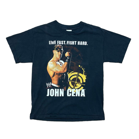 YOUNG JOHN CENA ON FRONT OF BLACK SHIRT WITH THE WORDS "LIVE FAST. FIGHT HARD" AND JOHN CENA NAME AT BOTTOM