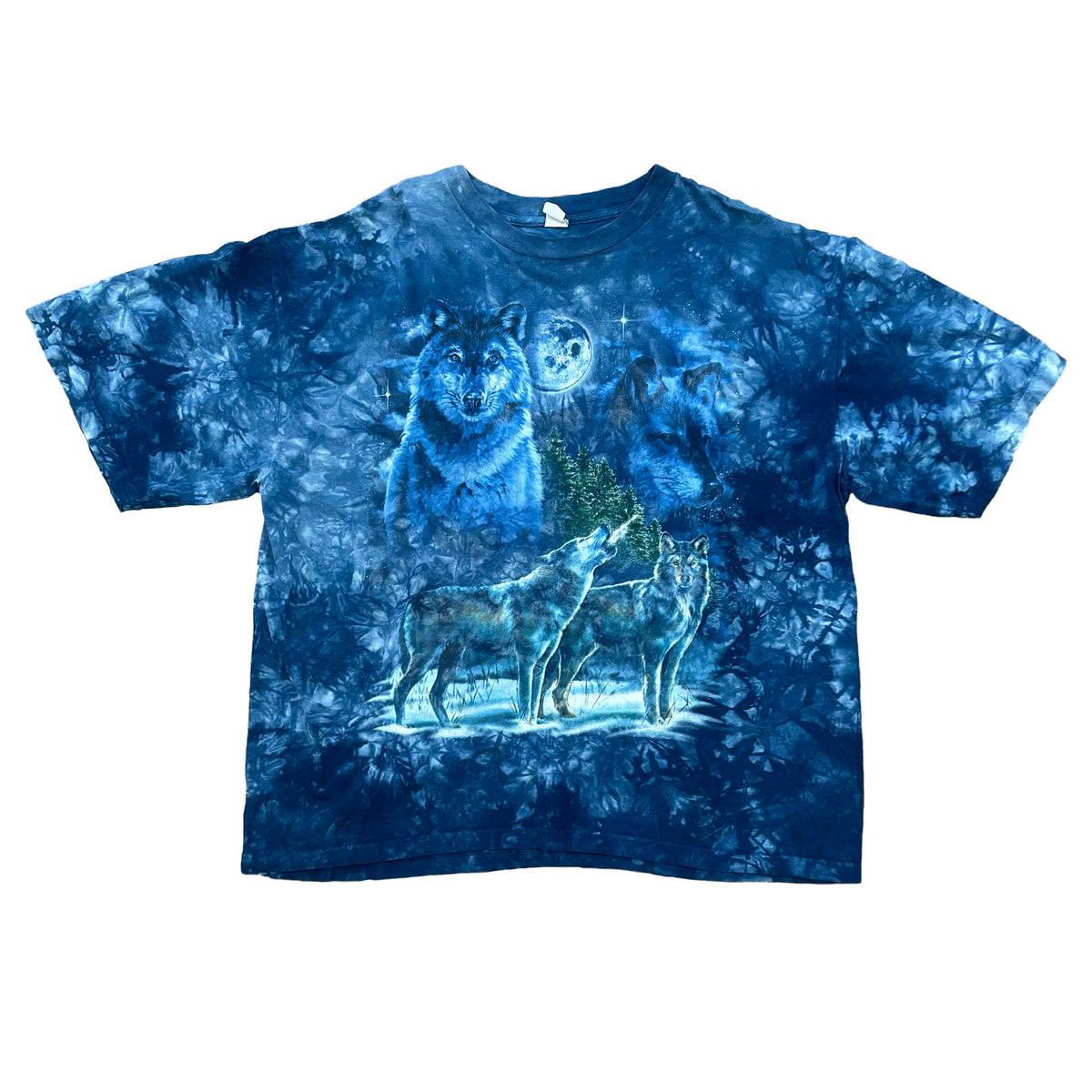 WOLF PACK ON BLUE TIE DYE SHIRT WITH FULL MOON IN THE BACKGROUND SHORT SLEEVE SHIRT