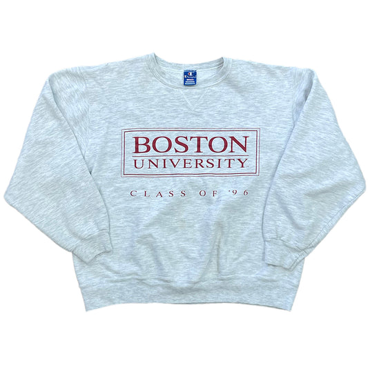 HEATHER GRAY PULLOVER SWEATSHIRT. HAS THE BOSTON UNIVERSITY LOGO ACROSS CHEST AND SAYS "CLASS OF '96" BELOW