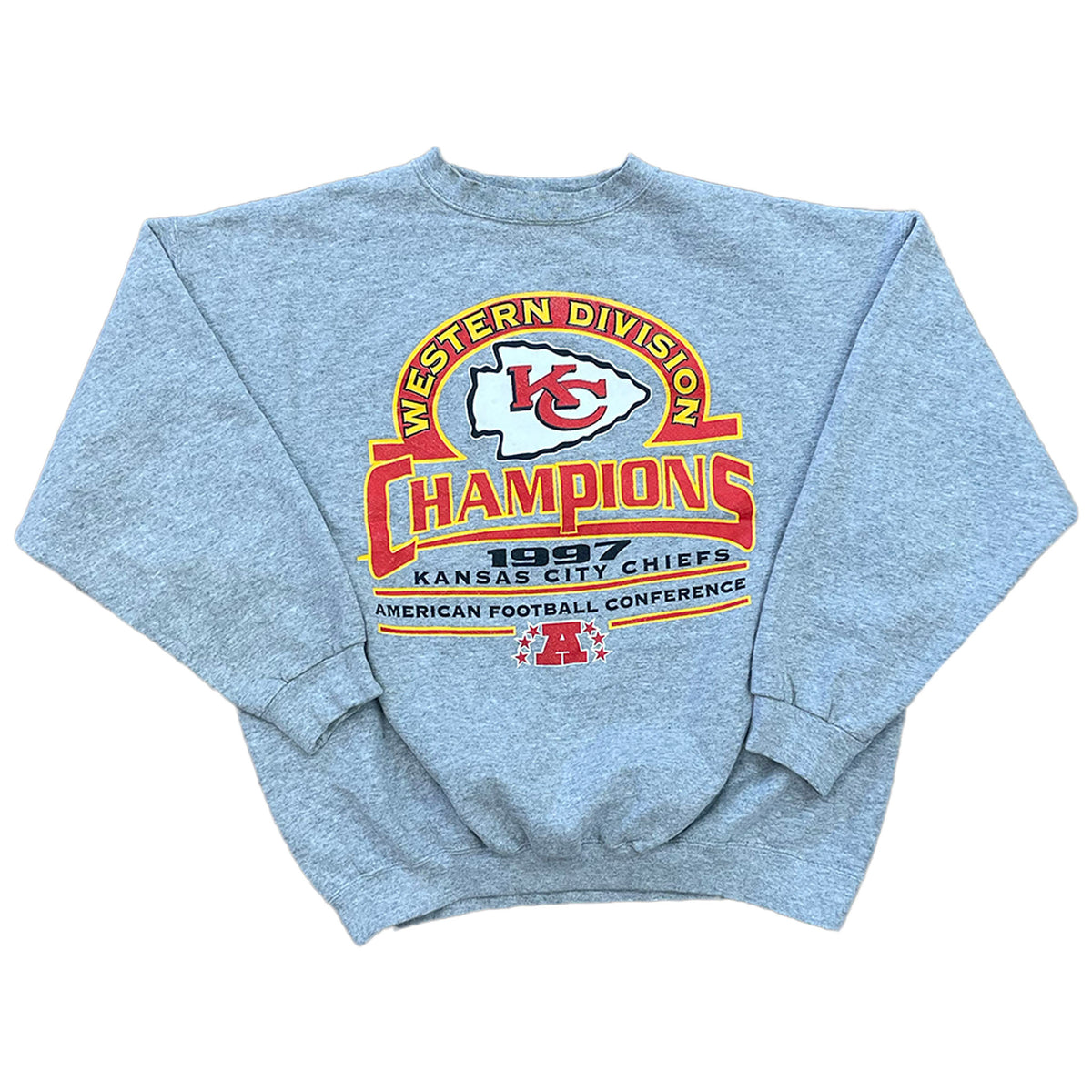 GRAY PULLOVER SWEATSHIRT OF KANSAS CITY CHIEFS LOGO WTIH "WESTERN DIVISION CHAMPIONS" 1997 WRITTEN ON CHEST