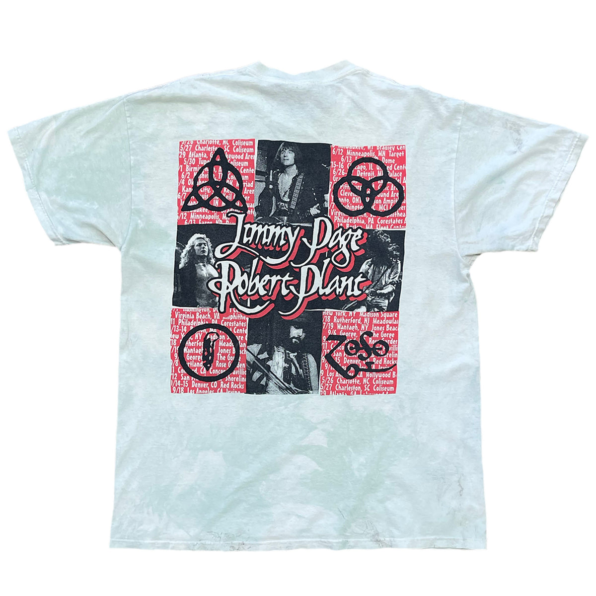back side of shirt. images of robert plant and jimmy page with led zeppelin symbols with tour dates.