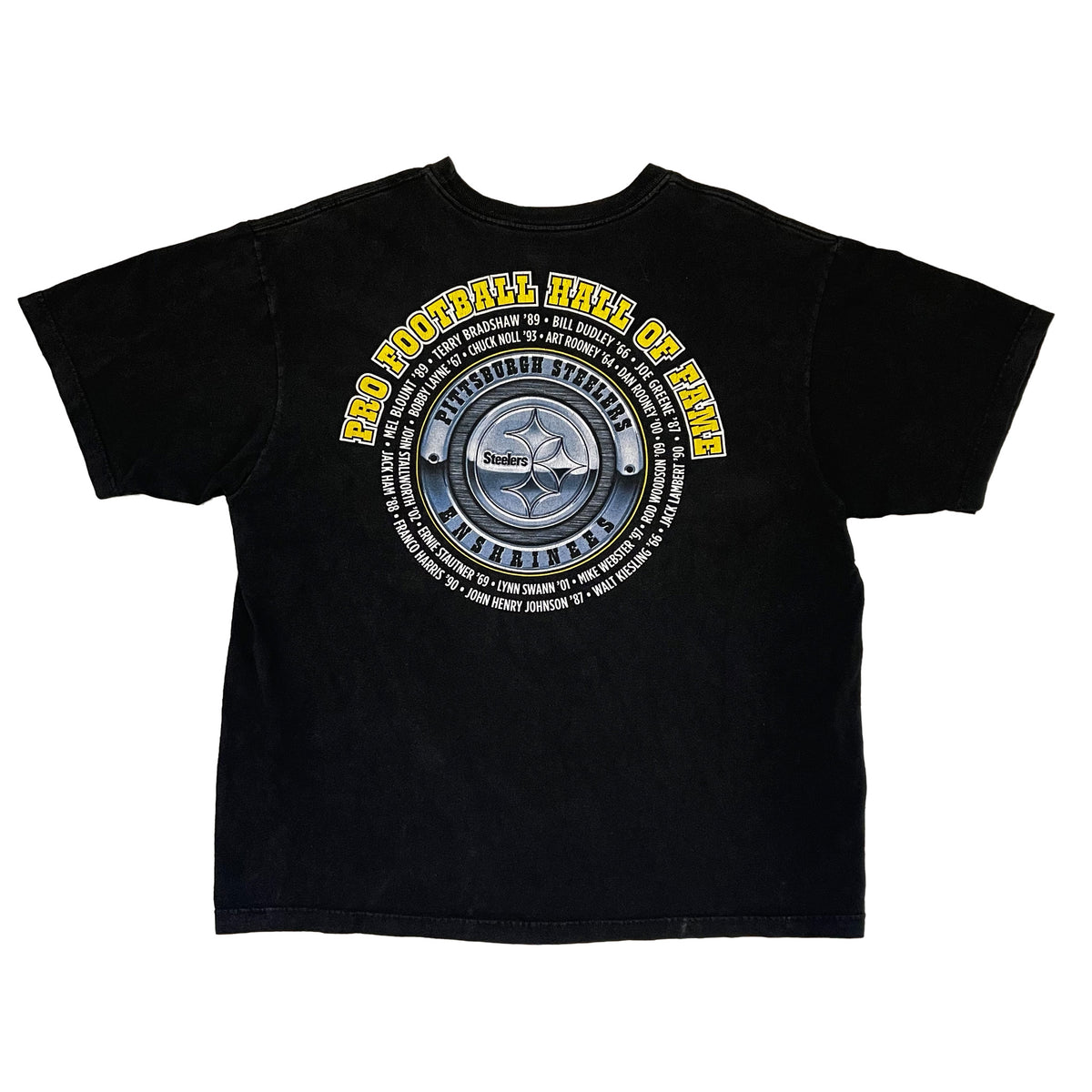 image on the back is a circle that says in yellow pro football hall of fame. silver logo of steelers in the middle with all of the hall of fame names until the year 2002.