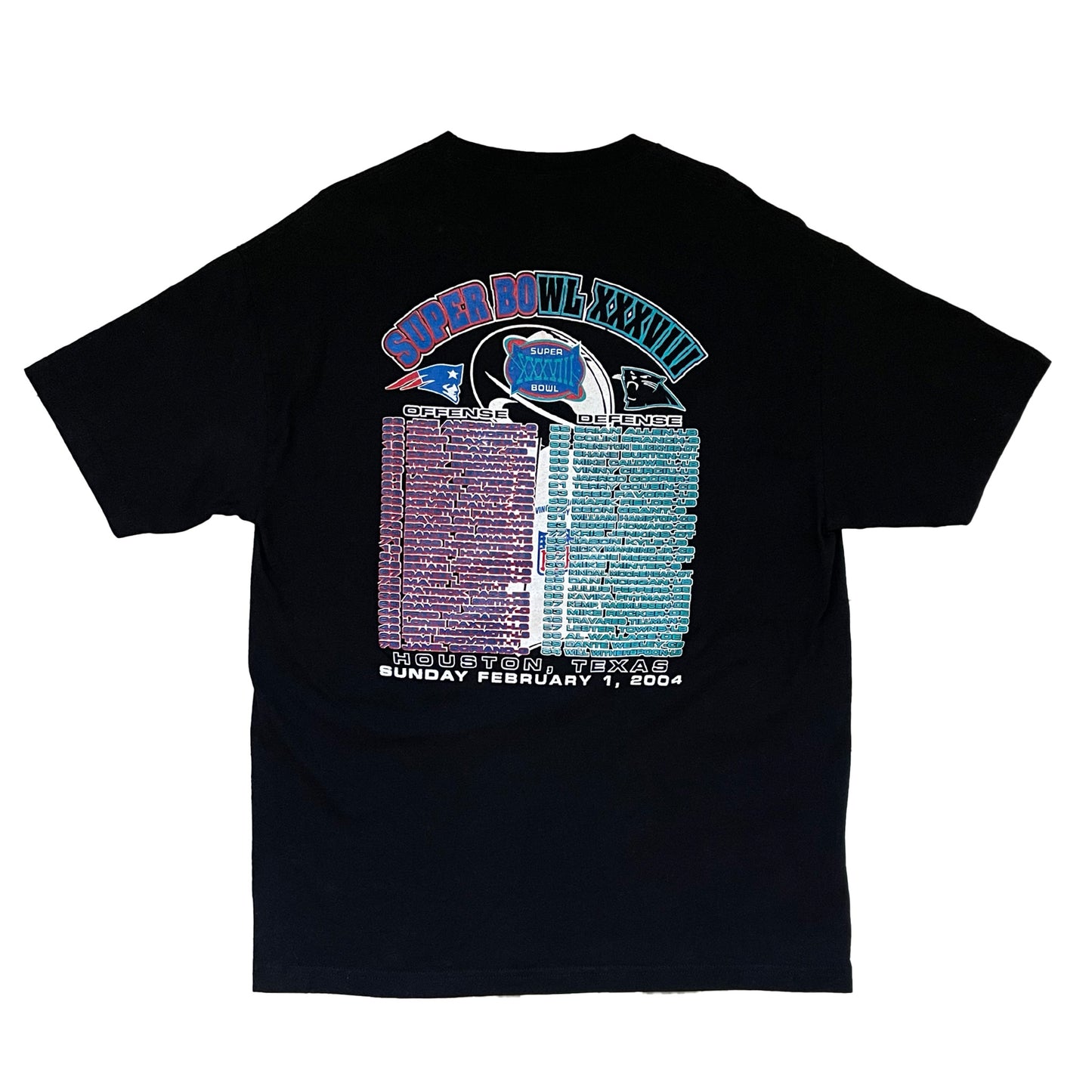 back of the shirt graphic. split colors again. one side is blue and red for the patriots and other side is baby blue and black for the panthers. it's a list of all the players on each team with houston, texas in white at the bottom and the date, sunday february 1, 2004