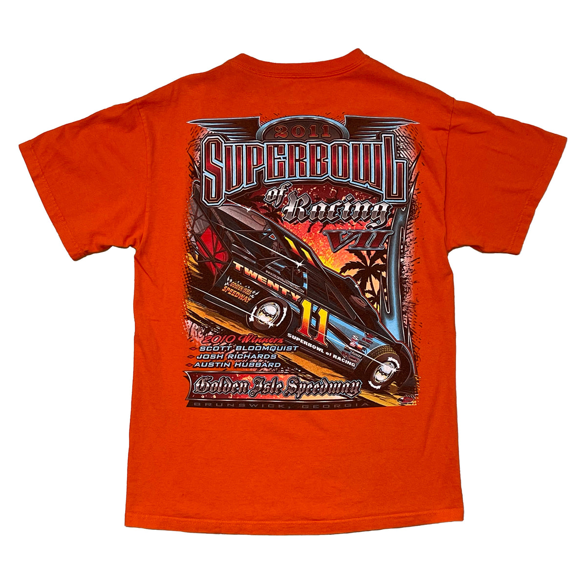 back graphic of superbowl of racing vii. big race car print on the back.